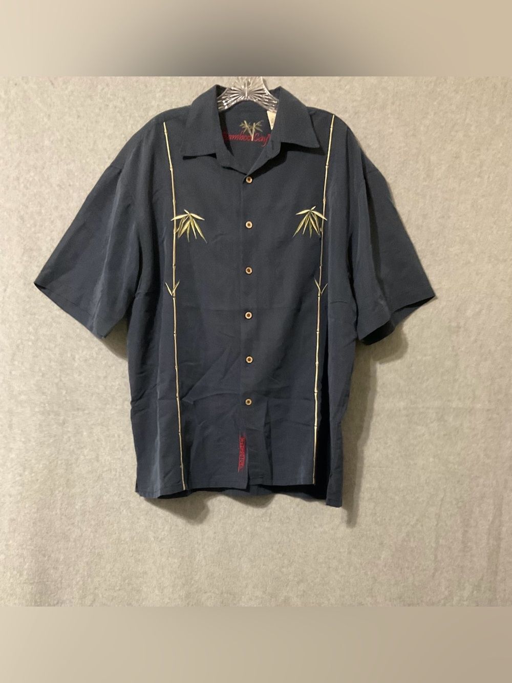 Vintage-Style Navy Bamboo Embroidered Short-Sleeve Shirt Sz L